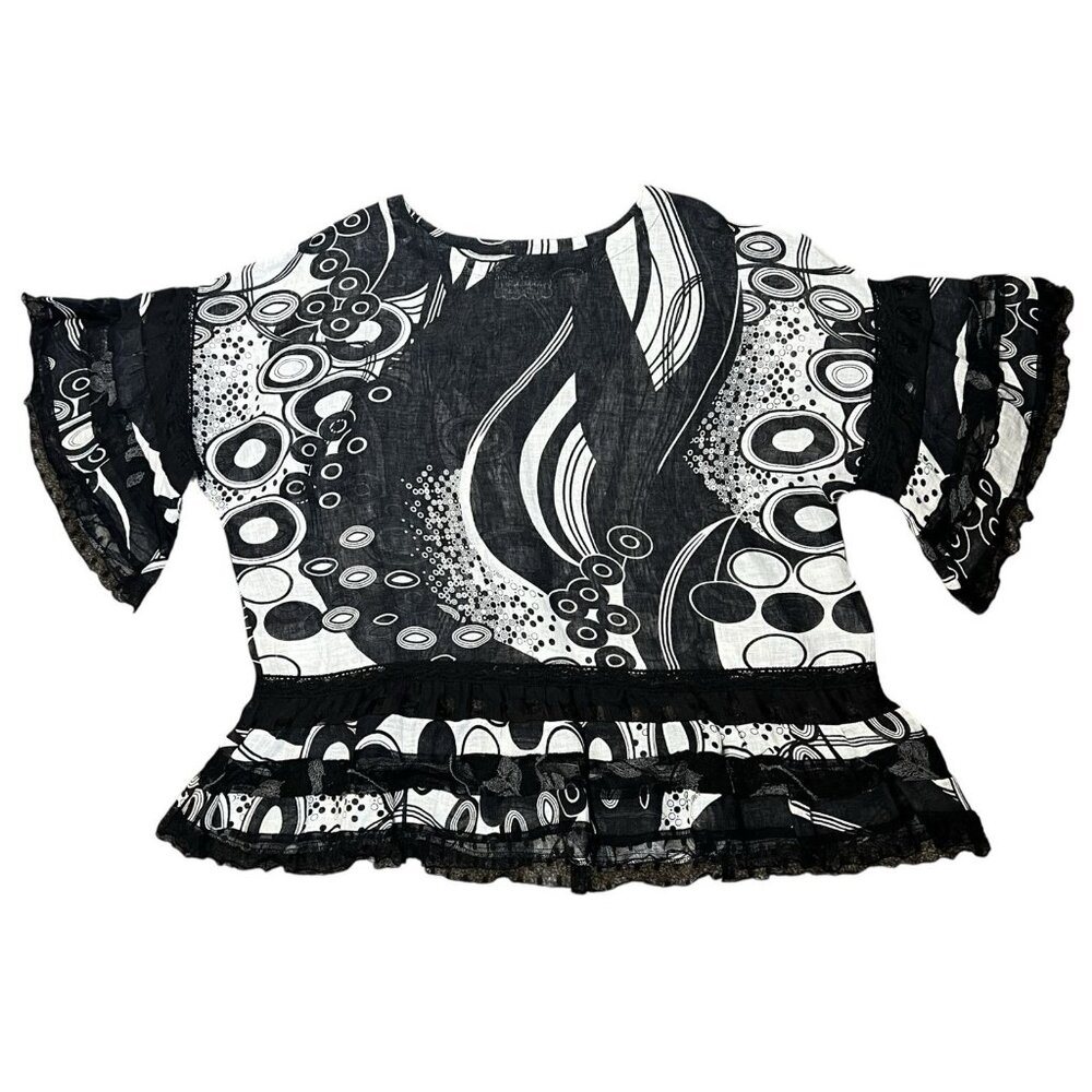 Luisa Made in Italy 100% Linen Top Blouse Black White Lace Size Large Oversized